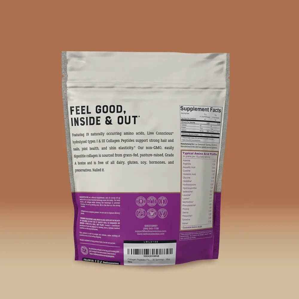 Live Conscious Collagen Peptides Powder — Nourishes Hair, Skin, Nails, and Joints — 16 oz